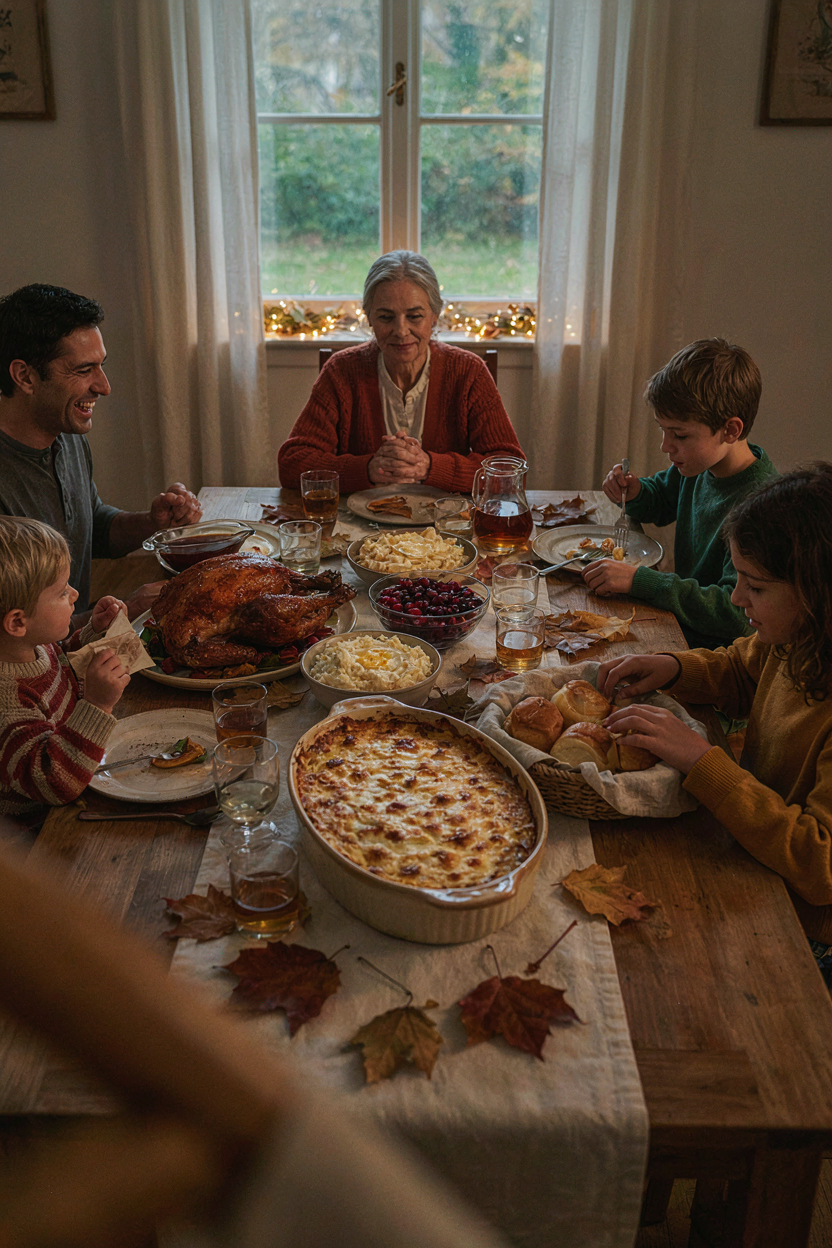 Thanksgiving table with baking dish of sweet potato casserole, family gathering, festive atmosphere
