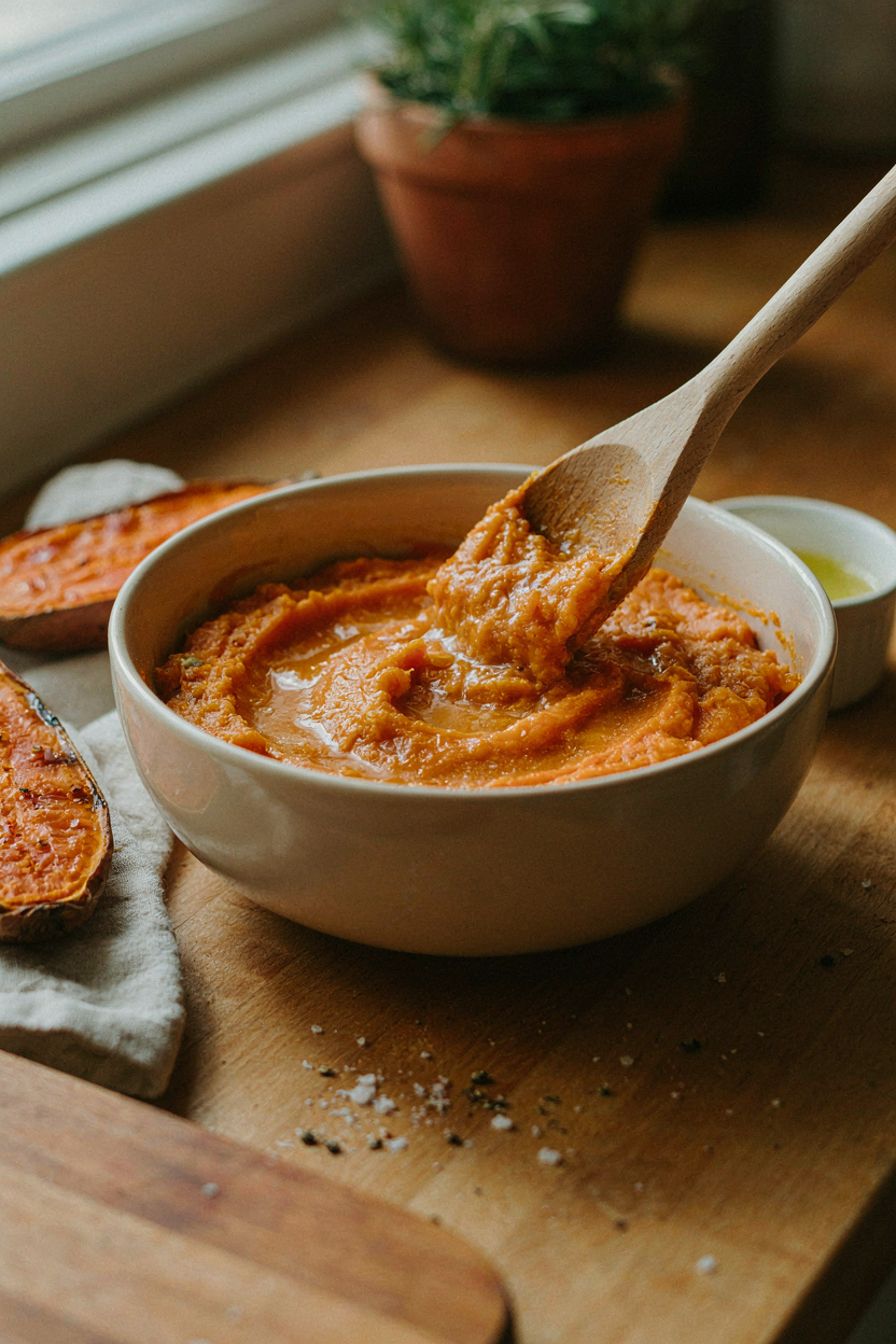 Orange sweet potato flesh being mashed smooth in large bowl