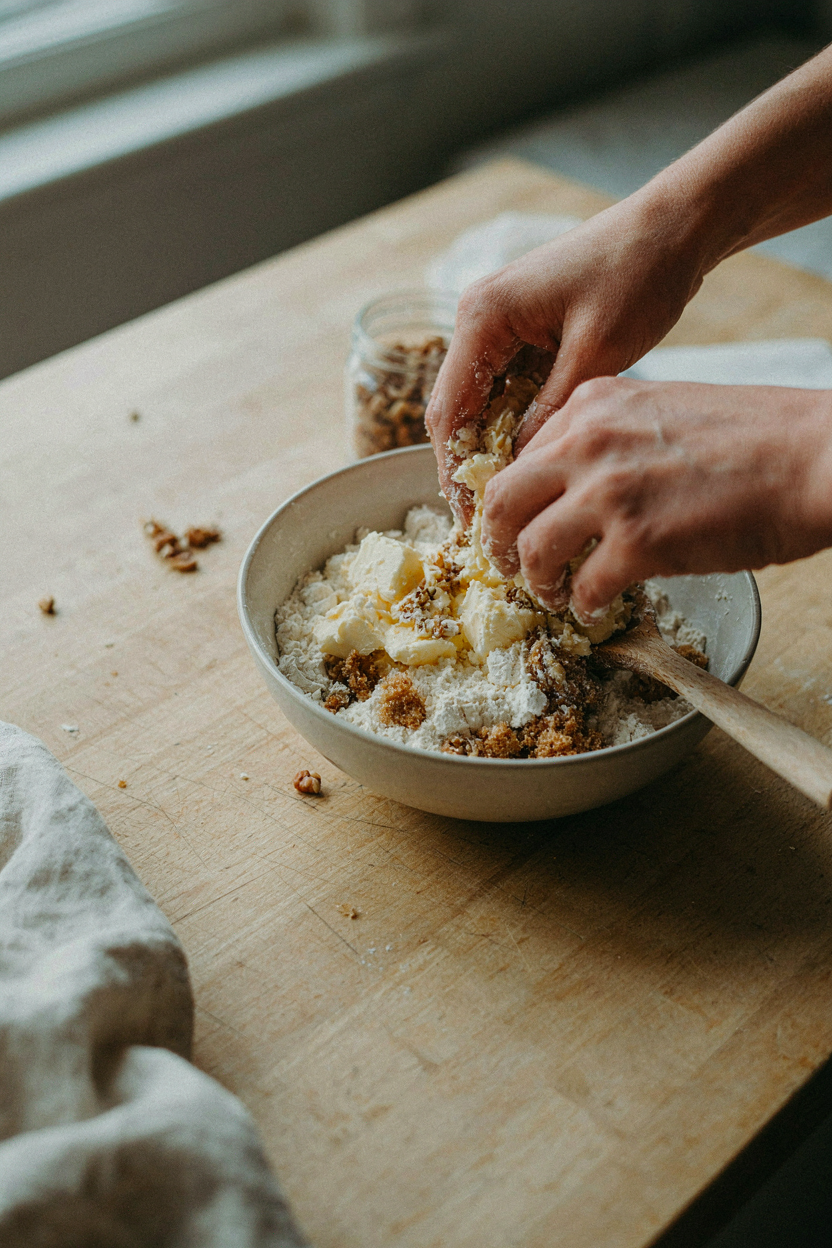 Hands rubbing cold butter into flour and brown sugar for streusel