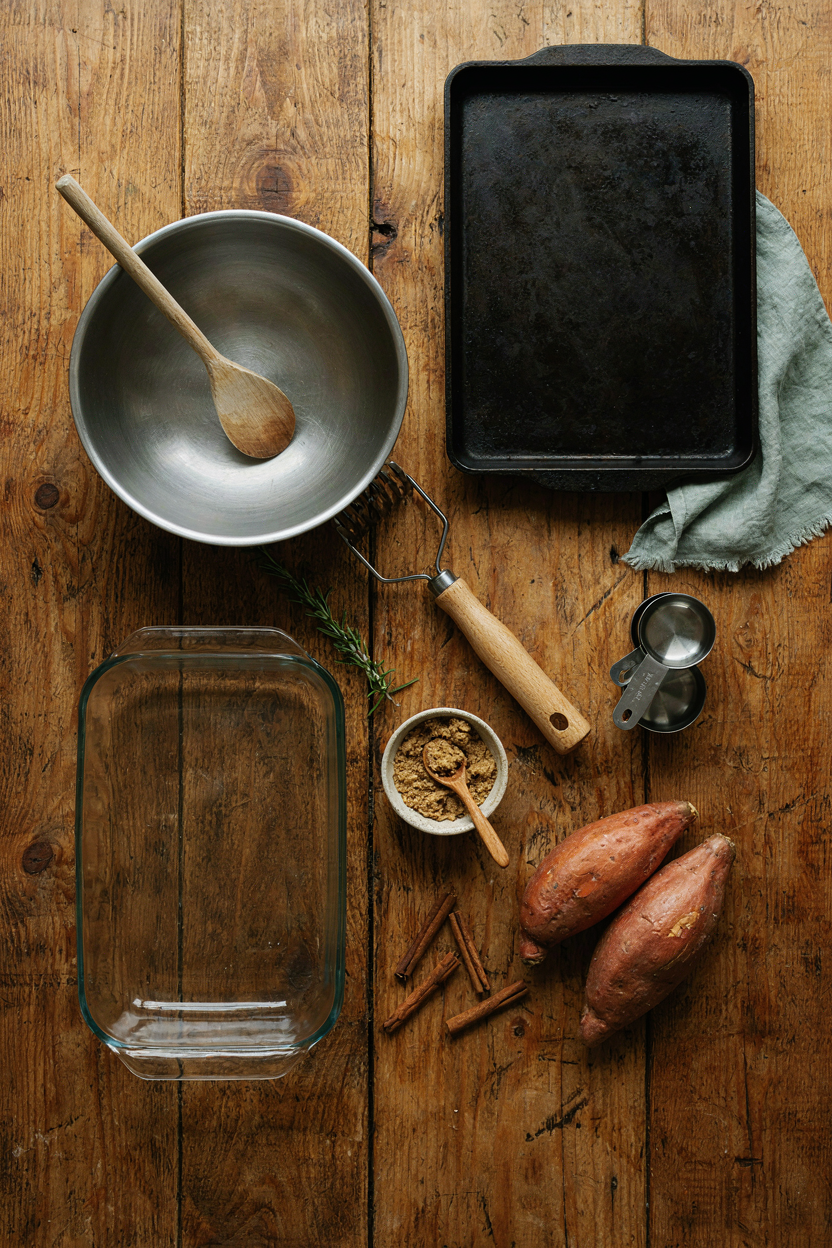 Sweet potato casserole making tools arranged on rustic table