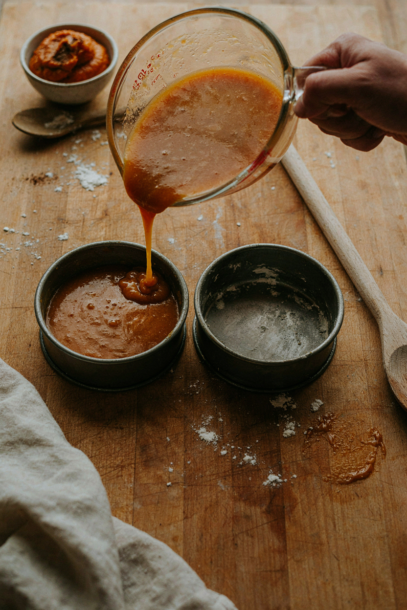 Cake batter being poured into pans
