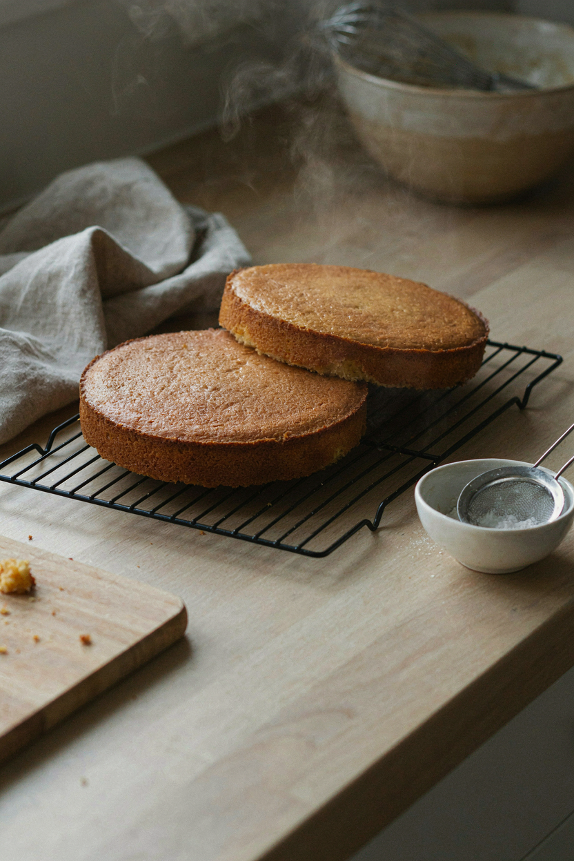 Golden cake layers cooling on rack