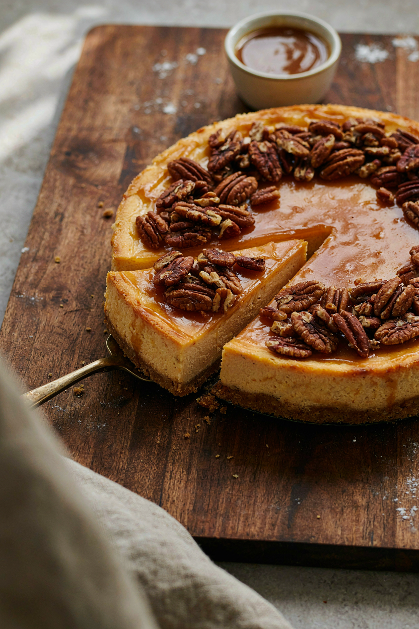 Finished cheesecake with maple pecan topping