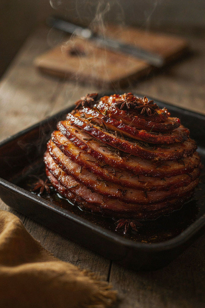 Ham baking in the oven