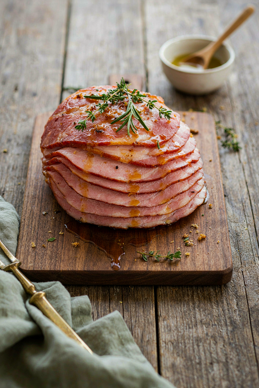 Sliced glazed ham with pan juices