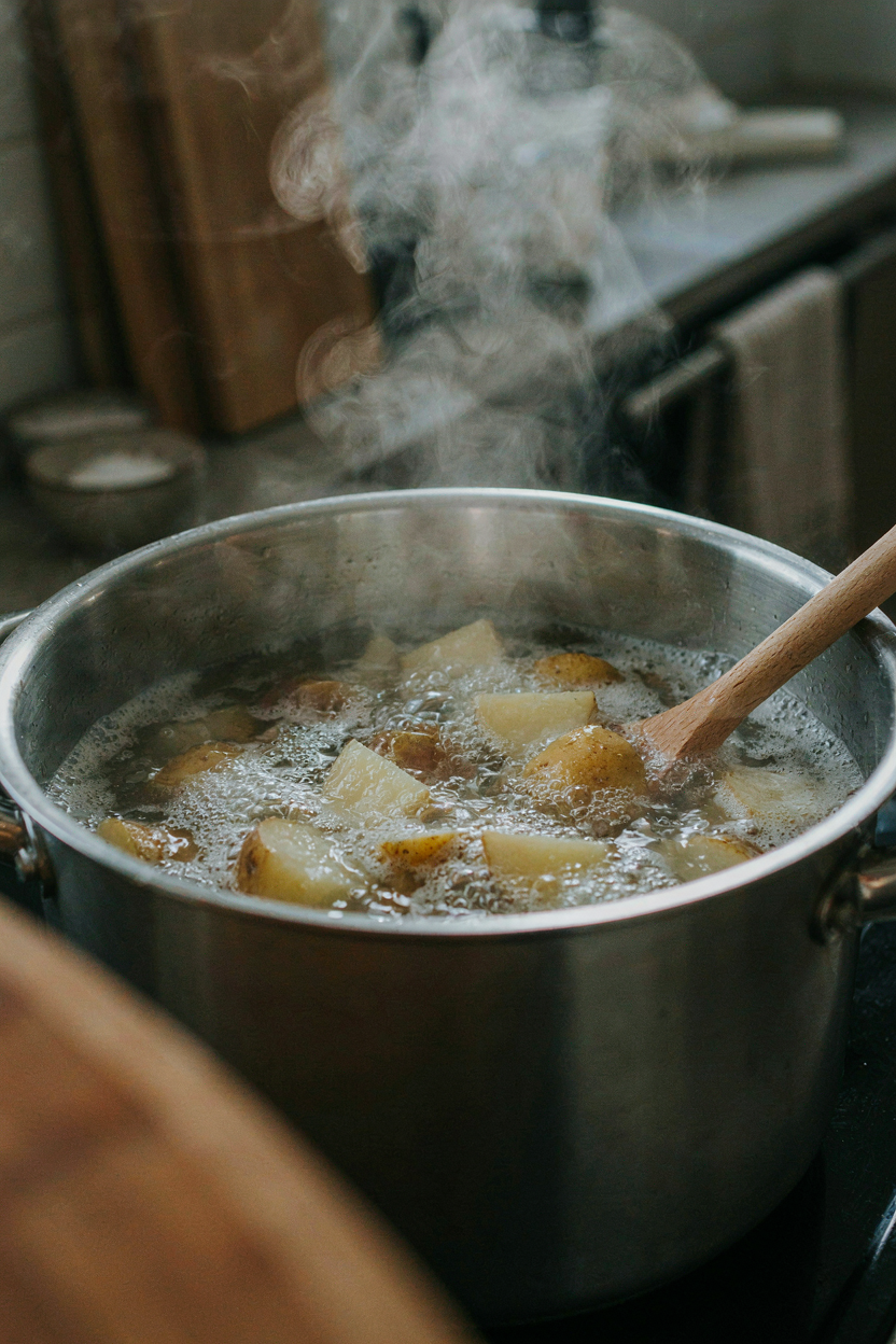 Potato chunks boiling in salted water