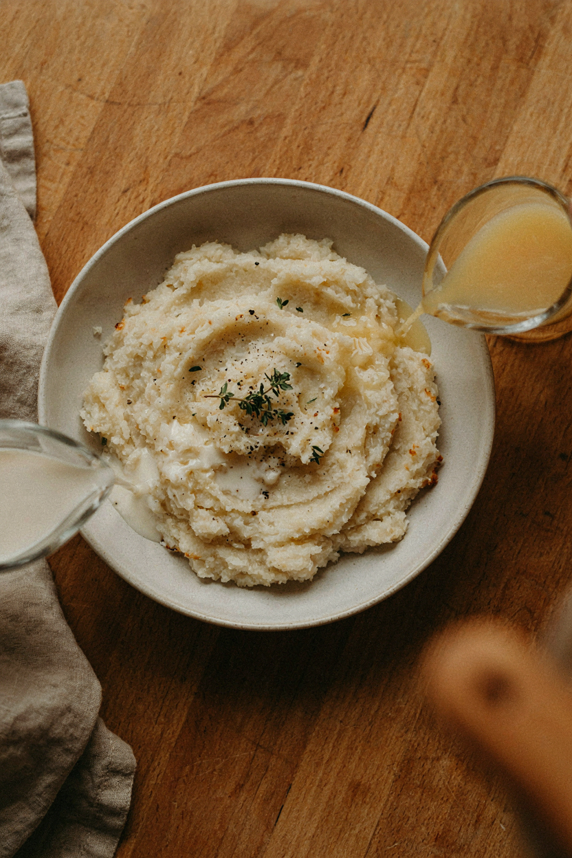 Warm dairy being poured into potatoes