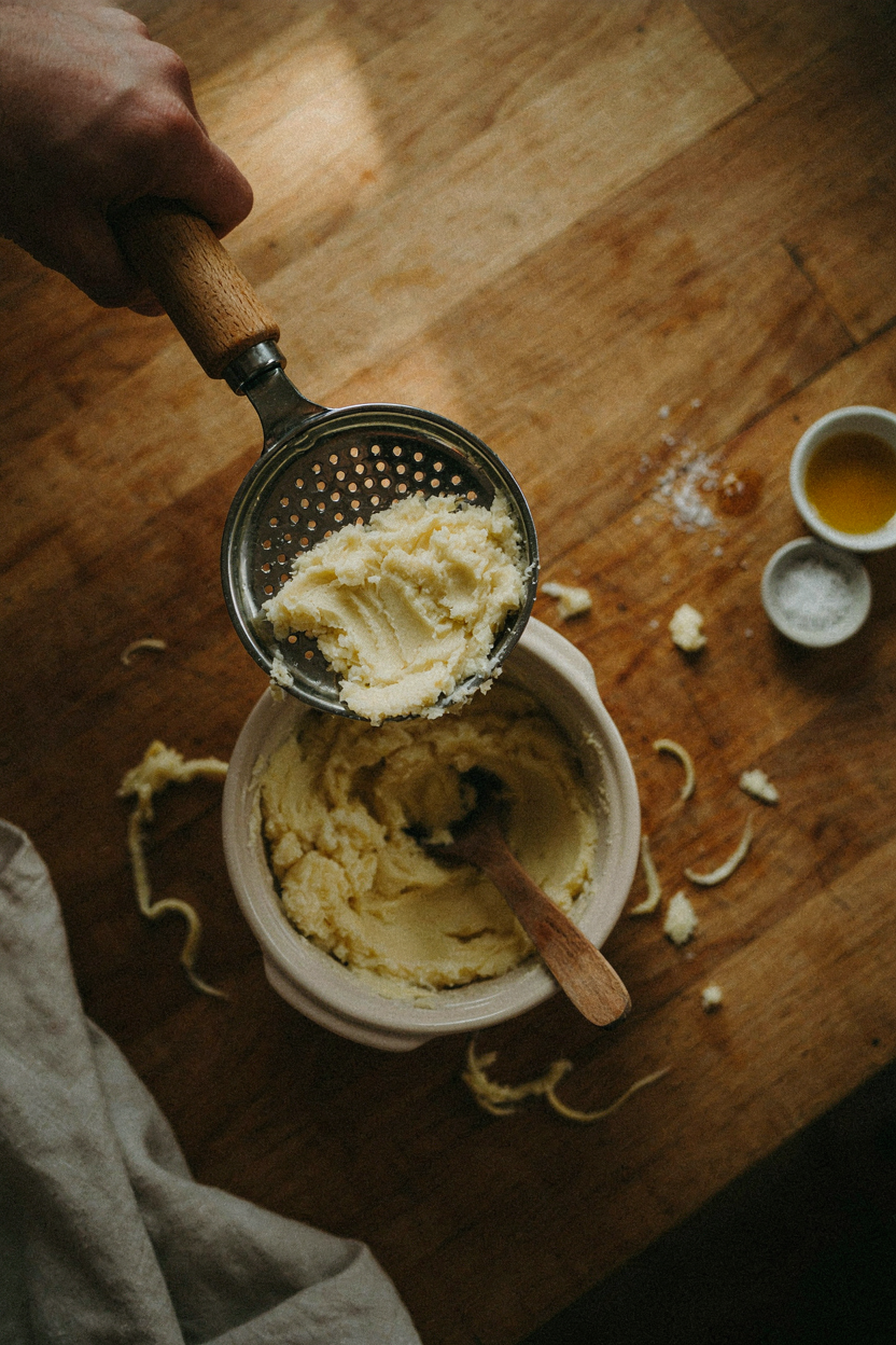 Potatoes being pushed through a ricer
