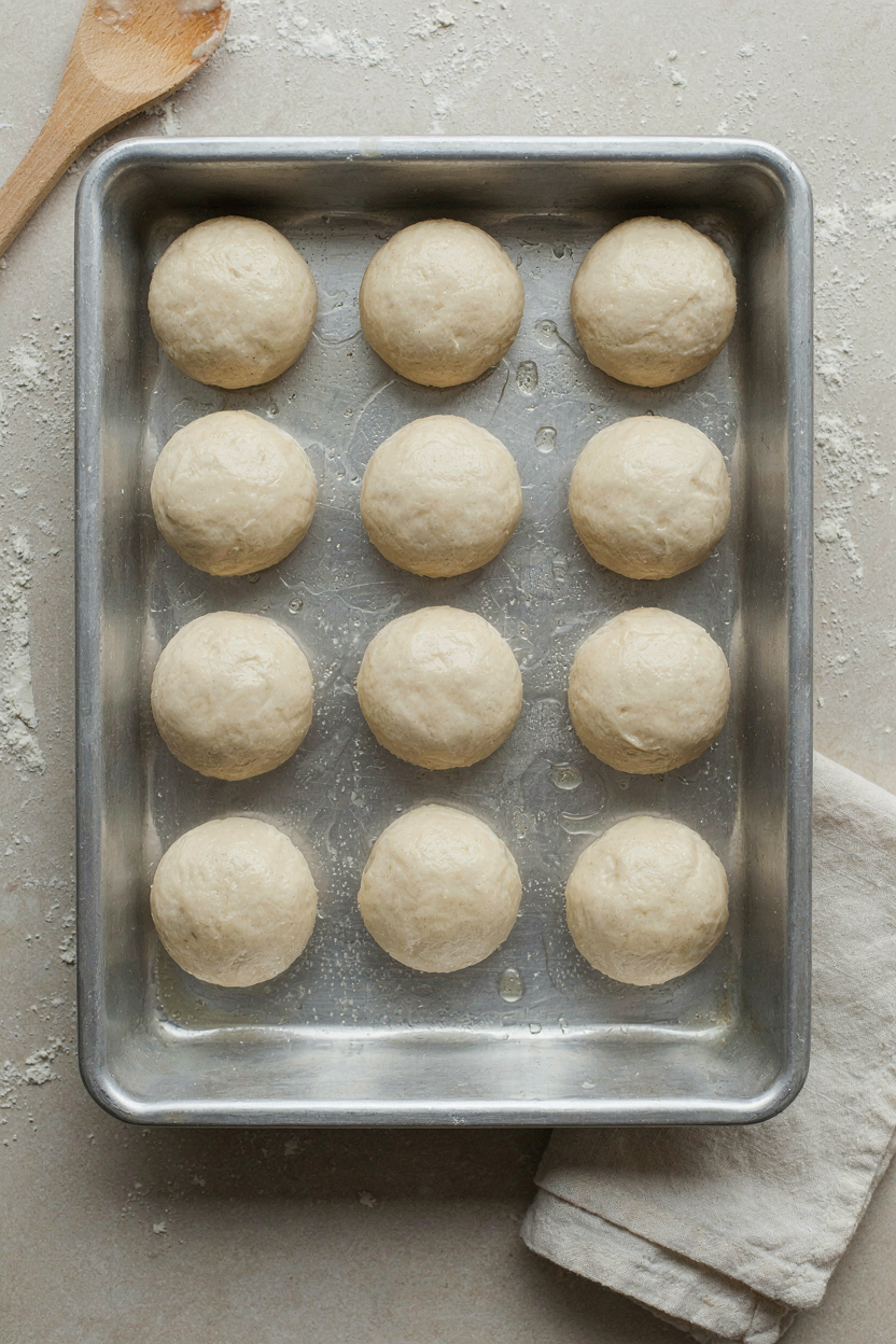 Roll dough balls arranged in baking pan