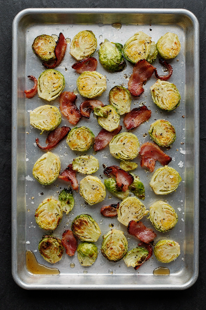 Sprout halves arranged cut-side down on sheet