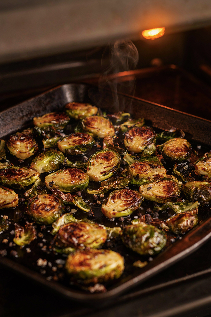 Sprouts roasting with caramelized cut sides