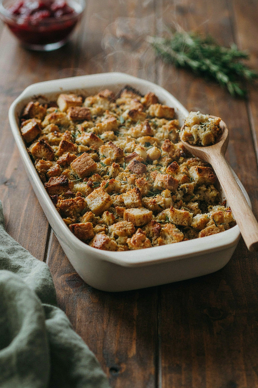 Finished baked stuffing with crisp golden top