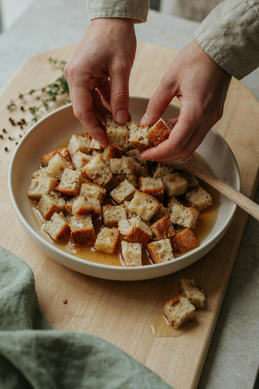 Bread cubes being tossed with butter and stock
