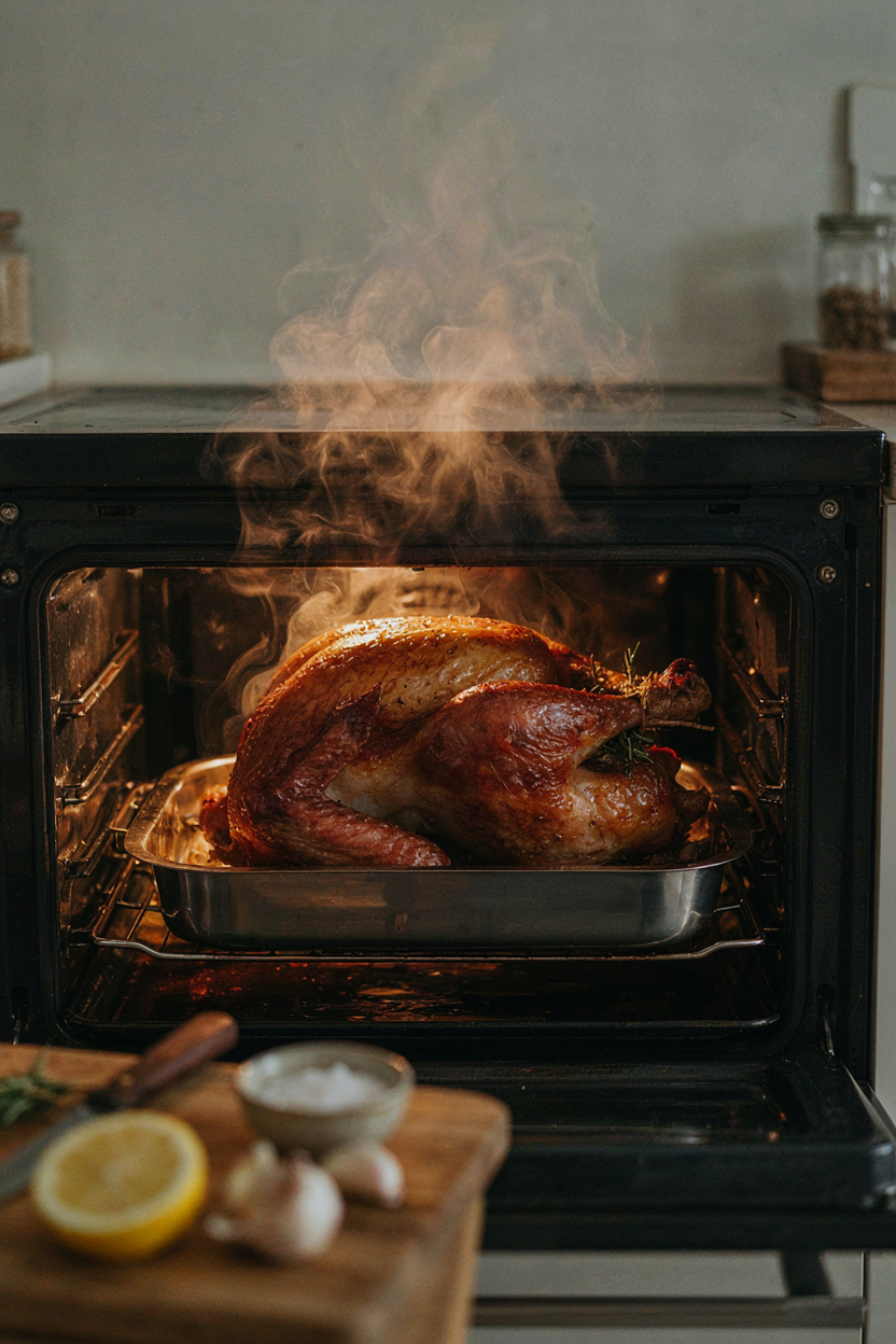 Turkey roasting in oven with golden skin forming