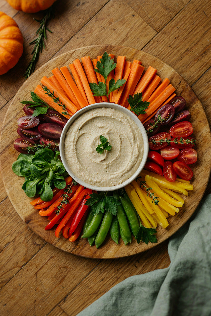 Assembled veggie tray with colorful vegetables