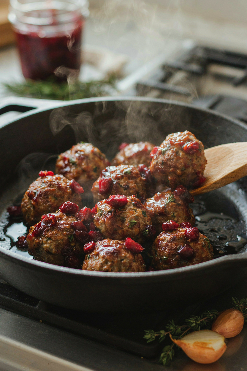 Turkey meatballs being tossed in glossy dark cranberry glaze in a wide pan, sauce clinging