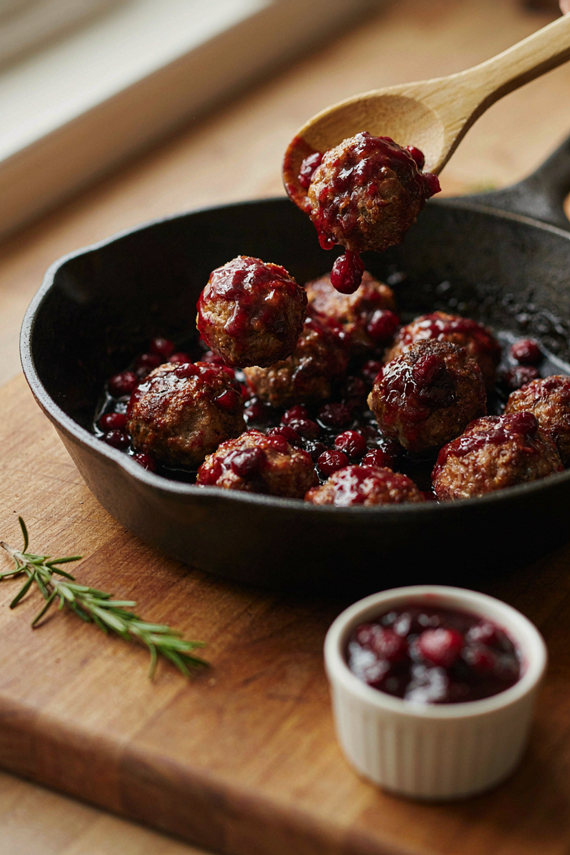 Turkey meatballs being tossed in glossy dark cranberry glaze