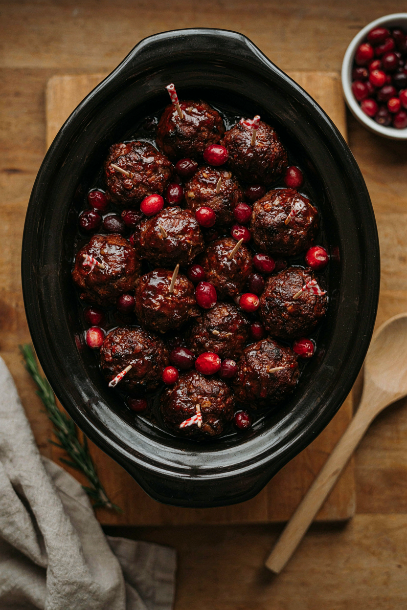Slow cooker of glossy dark-glazed turkey meatballs with toothpicks, cranberries scattered on top