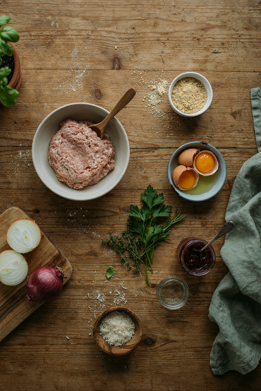 Turkey meatball ingredients on rustic table: ground turkey, panko, eggs, cranberry sauce, onion, parmesan, herbs