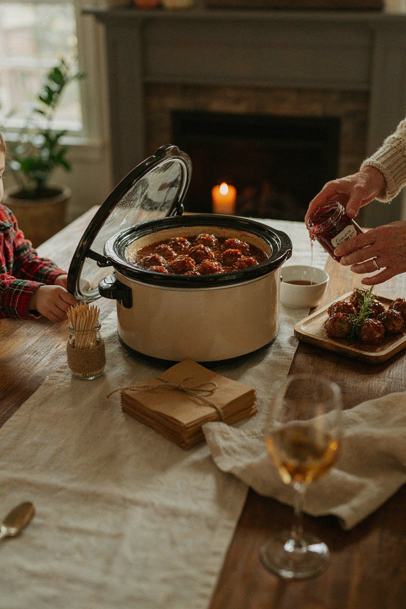 Thanksgiving appetizer table with slow cooker of glazed turkey meatballs, family gathering