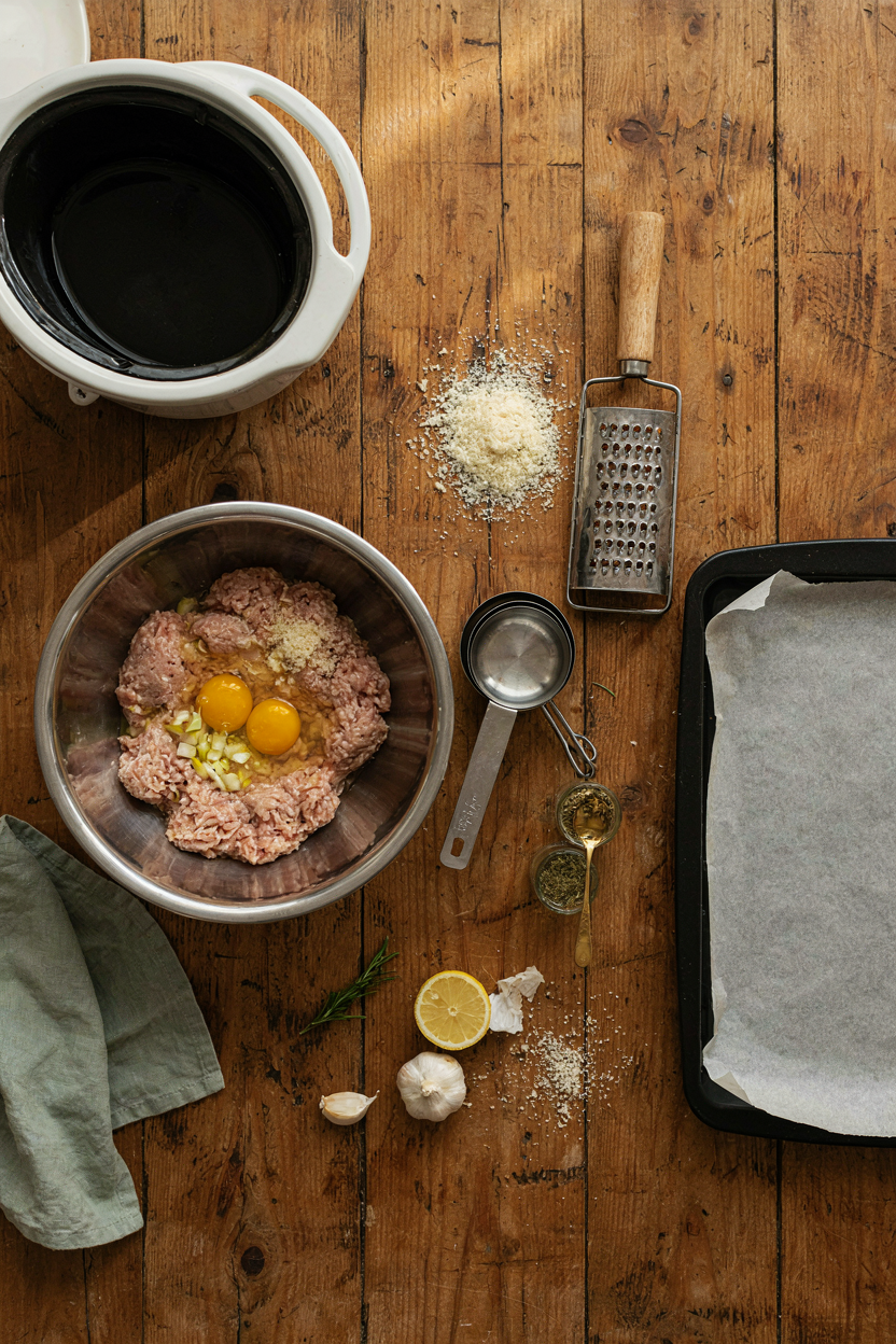 Turkey meatball making tools arranged on rustic table